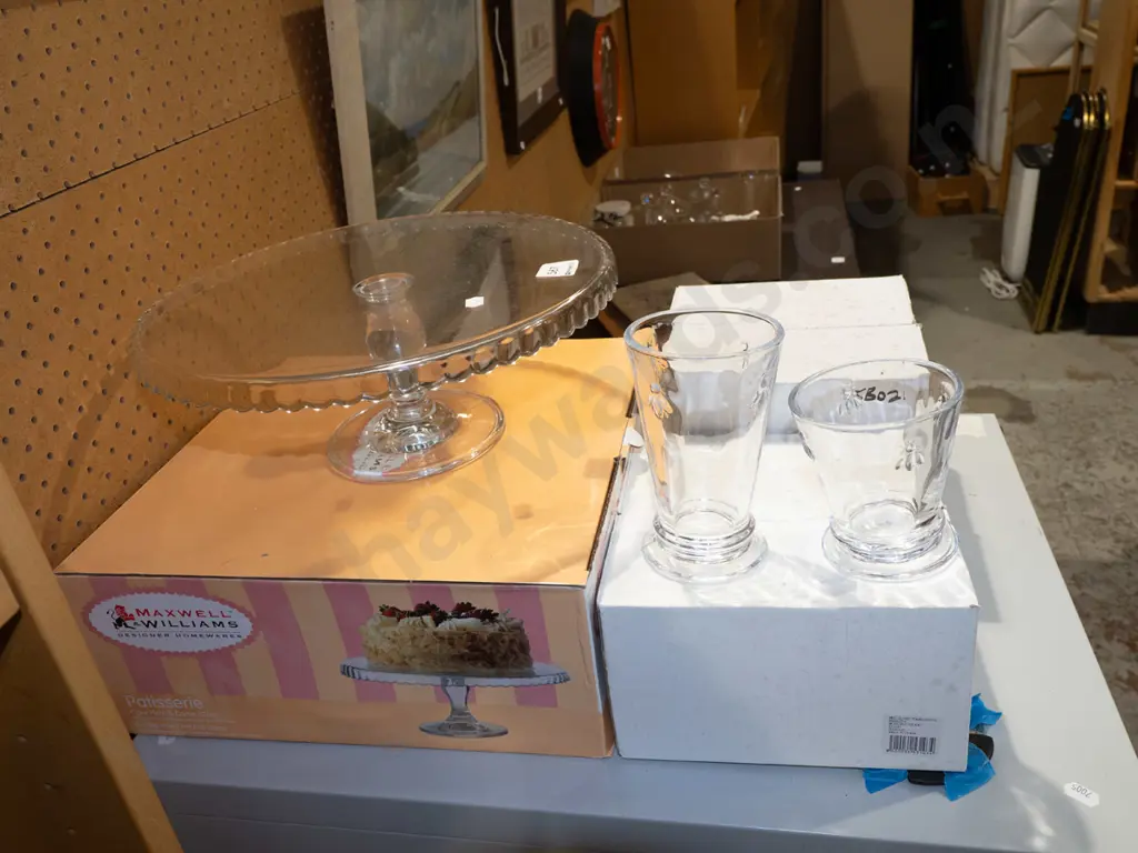 large glass cake stand and 2x boxes of parfait glasses Image 1++