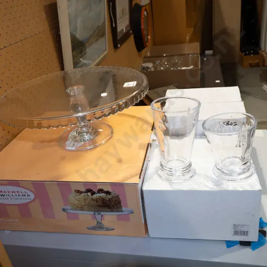 large glass cake stand and 2x boxes of parfait glasses