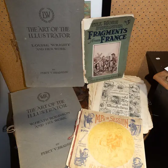 various vintage publications, fragments from French, MPs in session, illustrations etc