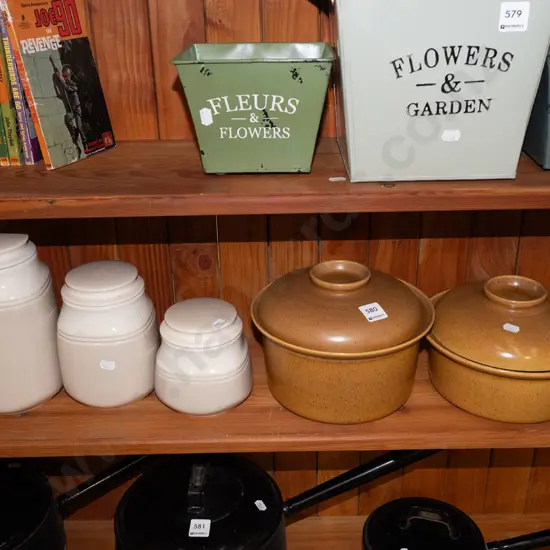 3x teal lidded storage canisters, 2x Crown Lynn lidded casseroles