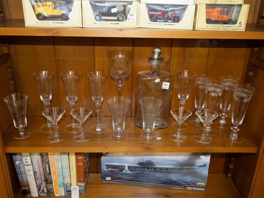 etched stoppered decanter, parfait and cocktail glasses etc Image 1++
