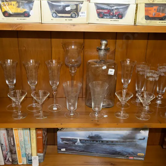 etched stoppered decanter, parfait and cocktail glasses etc