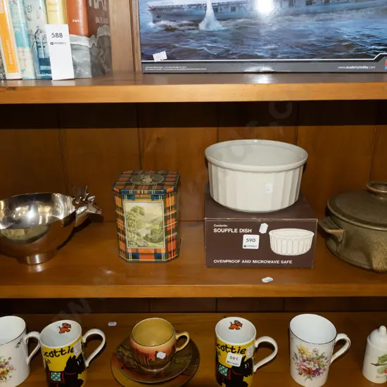 plated stage themed bowl, boxed Crown Lynn souffle dish etc