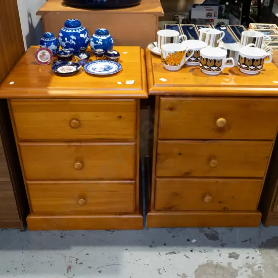 pair of pine 3 drawer bedside cabinets