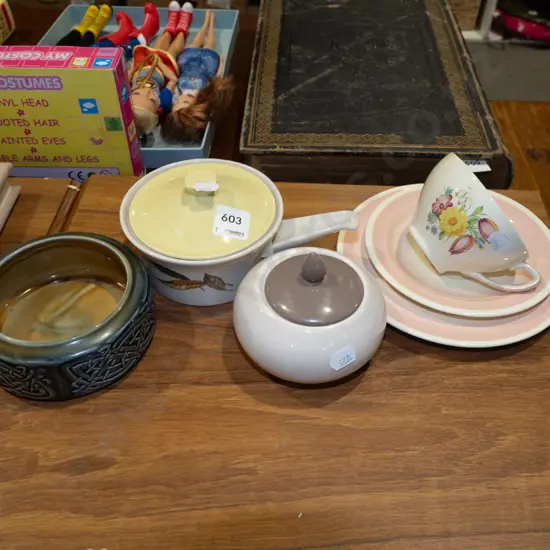 Crown Lynn lidded bowl, Susie Cooper trio etc