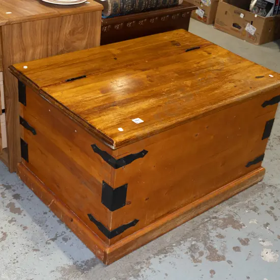 pine wooden chest with internal tray, metal binding, wine rack H460 W800 D570