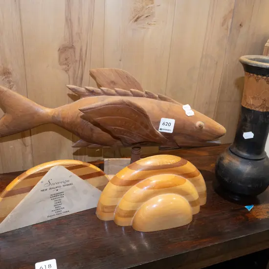 sovereign ware bookends, carved wooden fish, turned wooden vase H250