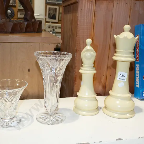 2x cut crystal vases, 2x large chess pieces H270