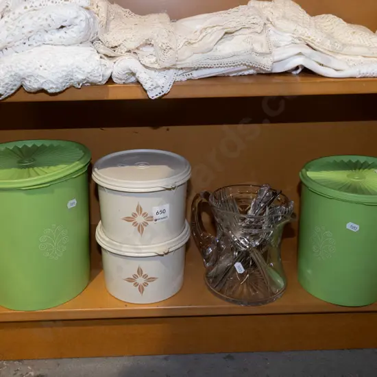Tupperware, crystal water jug, cutlery
