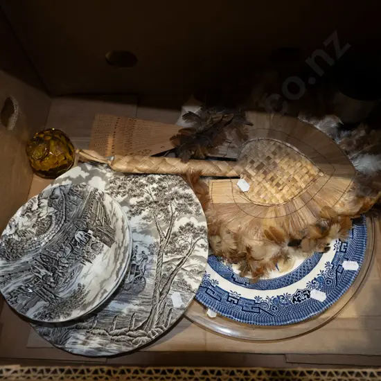 box; plates, bowls, souvenir hand fan etc