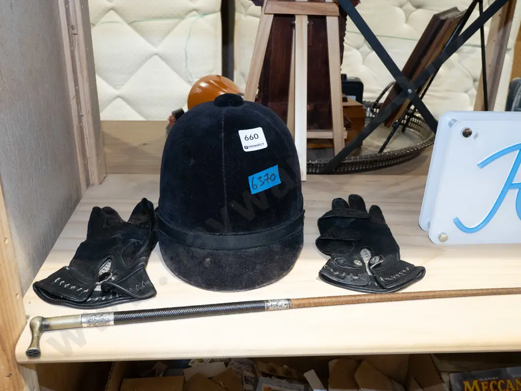 small equestrian helmet, gloves, riding crop Image 1++