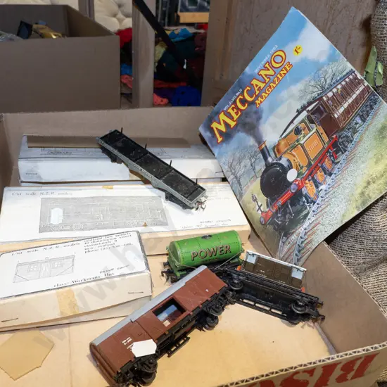 box; railway carriages, Meccano magazine, assembly kits etc