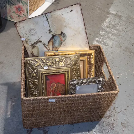 seagrass basket; framed prints, photo frames