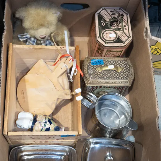 box; stainless steel jug, vintage tins etc