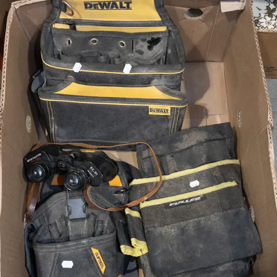box; builder's belts, binoculars