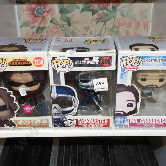 3x boxed Pop Figurines; Jurota Shishida, Taskmaster, Mr Grooberson