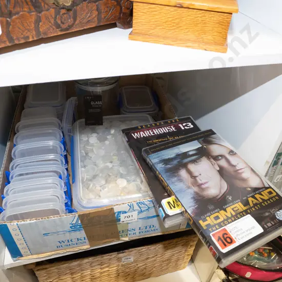 box; buttons, sistema container, DVD, safety pins