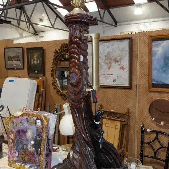 unusual carved wooden and found objects table lamp H850