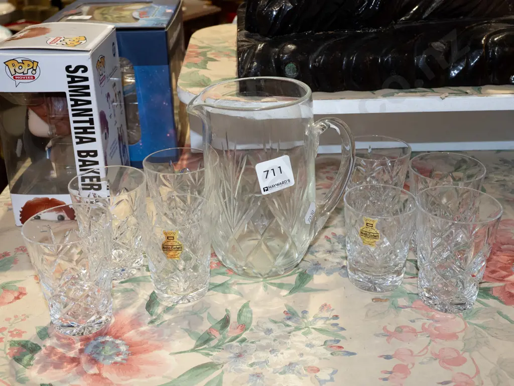 small cut crystal water jug, 8 small mismatched tumblers Image 1++