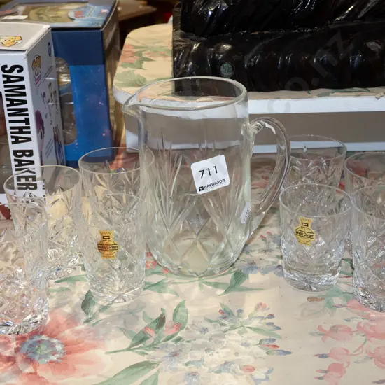 small cut crystal water jug, 8 small mismatched tumblers