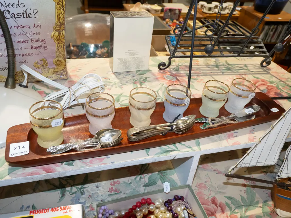 wooden tray; shot glasses, teaspoons Image 1++