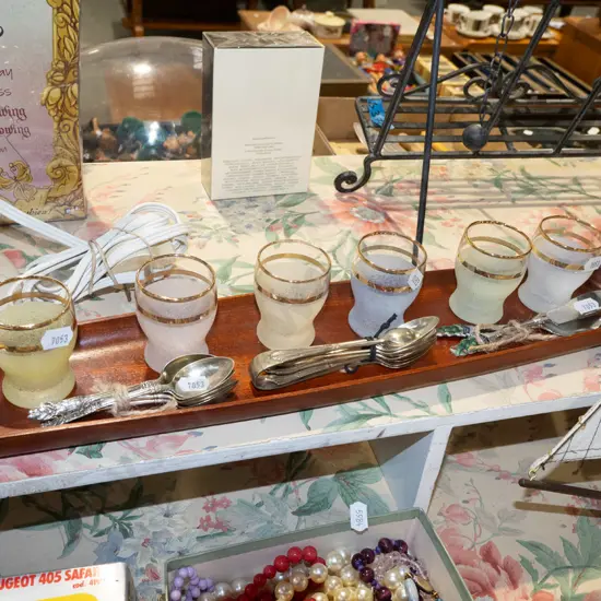 wooden tray; shot glasses, teaspoons