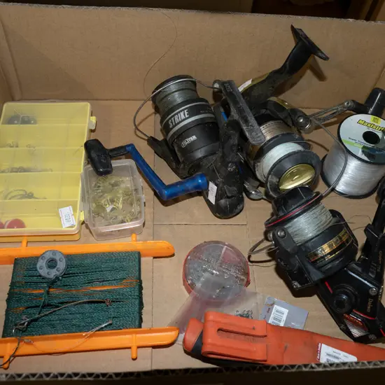 box; reels, lines, lures etc