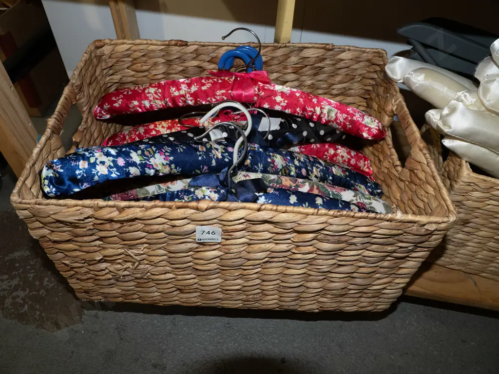 basket; multi coloured fabric coat hangers Image 1++