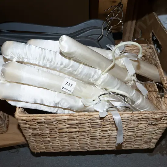 basket; assorted plain and fabric coat hangers