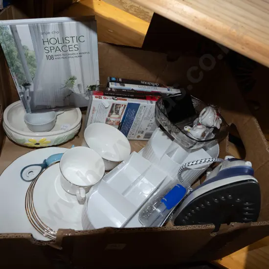 box; iron, DVDs, books, cups etc