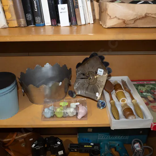 shelf; tin buckets, bird figurines, salad set etc