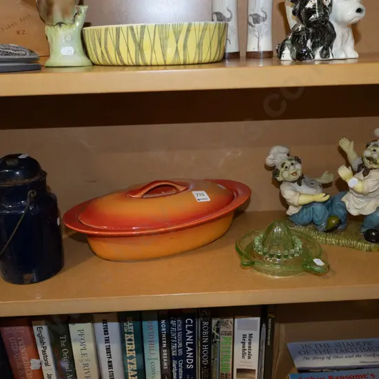 shelf; lidded canister, lemon squeezer, bottle holder etc