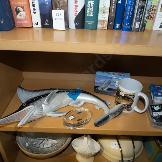 shelf; wall mounted marlin figurine, coffee cup, hooks etc