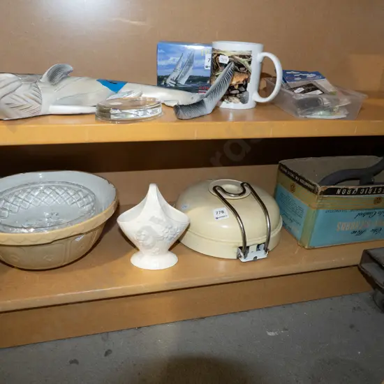 shelf; kitchen scales, bench top mincer, mixing bowl etc