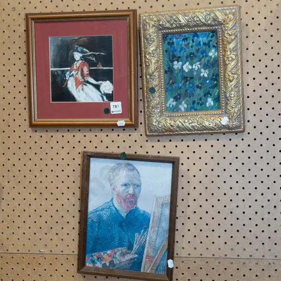 2x framed prints, framed oil - green dots