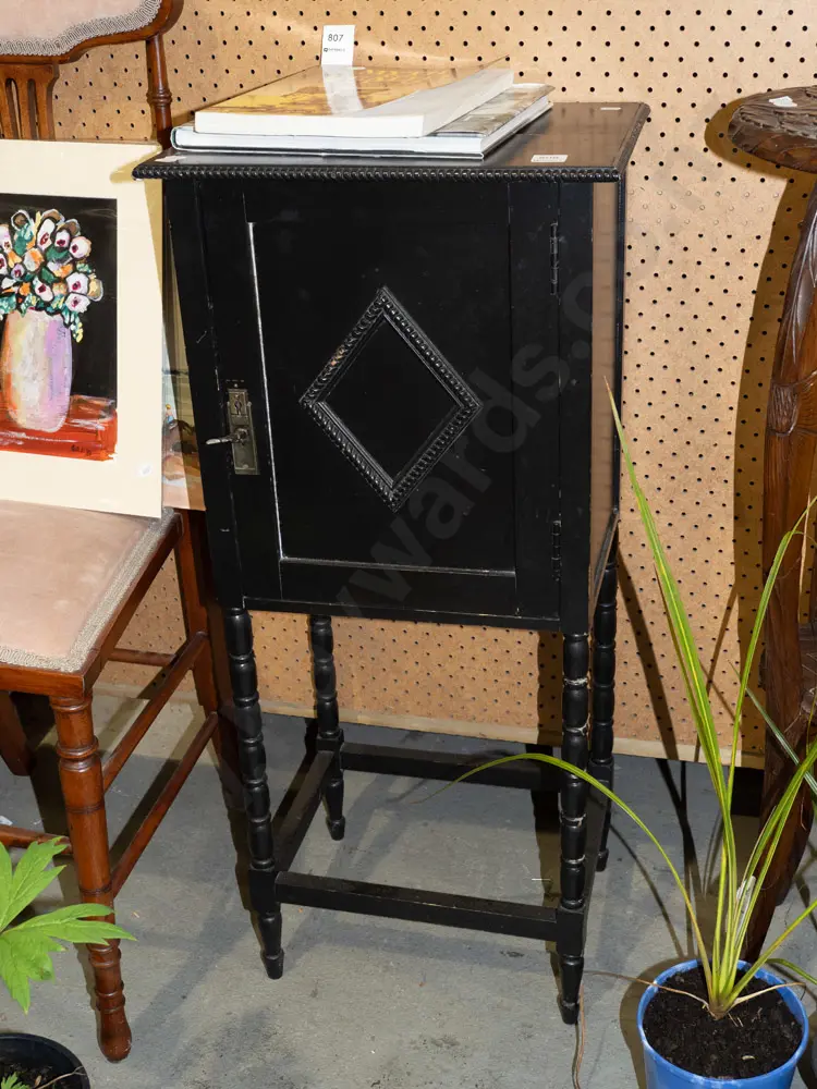 ebonised wood single door cupboard with fitted interior - crack to top H835 W370 D290 Image 1++