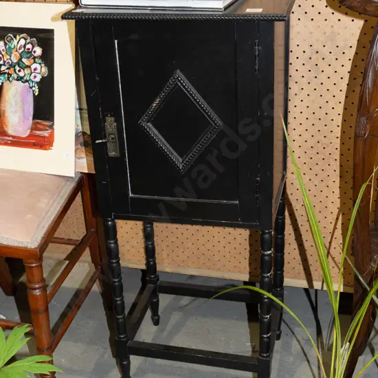 ebonised wood single door cupboard with fitted interior - crack to top H835 W370 D290
