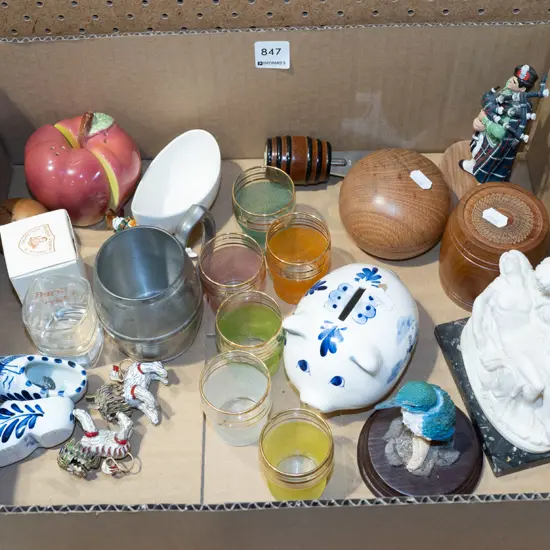 box; piggy bank, shot glasses, figurines etc