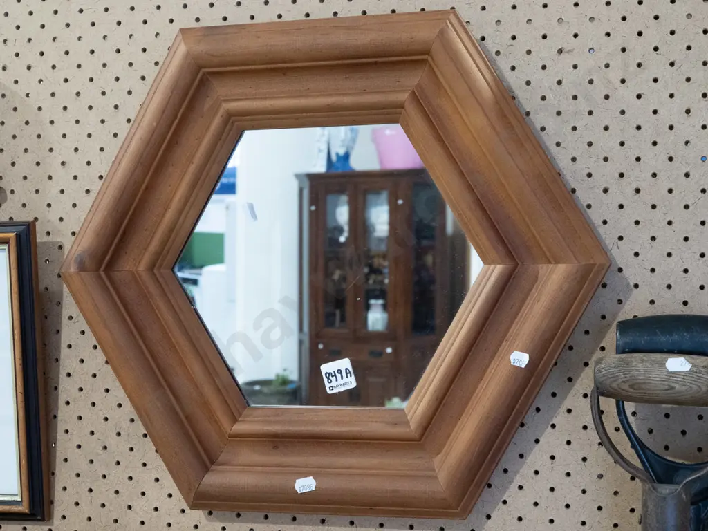 wood framed hexagonal wall mirror H410 Image 1++