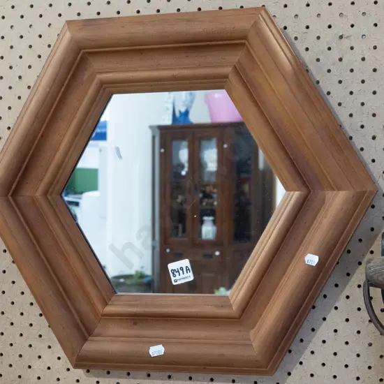 wood framed hexagonal wall mirror H410