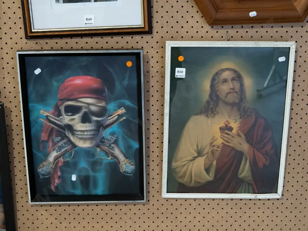 framed holographic pirate print, religious print (slight damage) - orange dots Image 1++