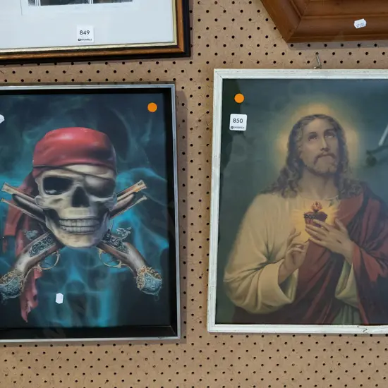 framed holographic pirate print, religious print (slight damage) - orange dots