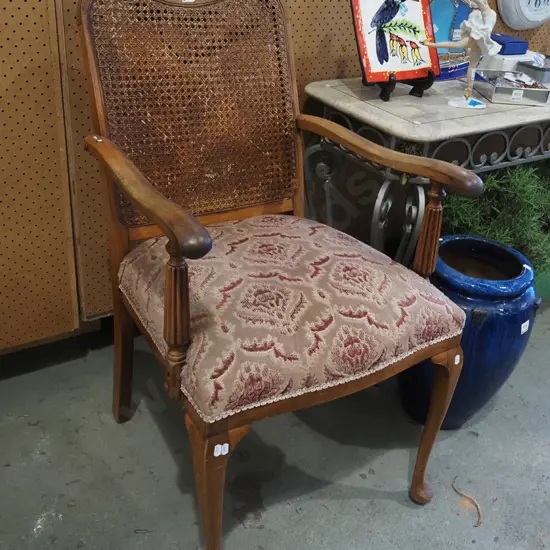 mahogany rattan backed armchair 