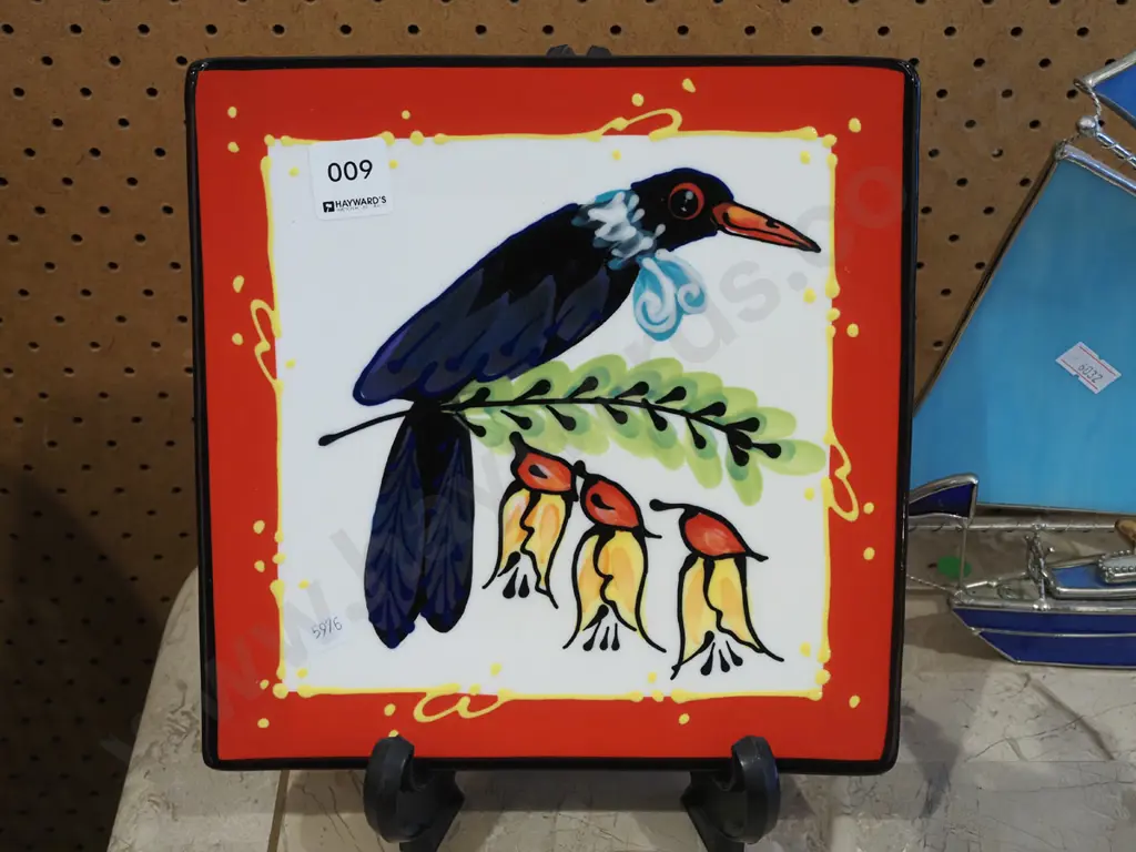 NZ studio pottery plate - tui in kowhai Image 1++