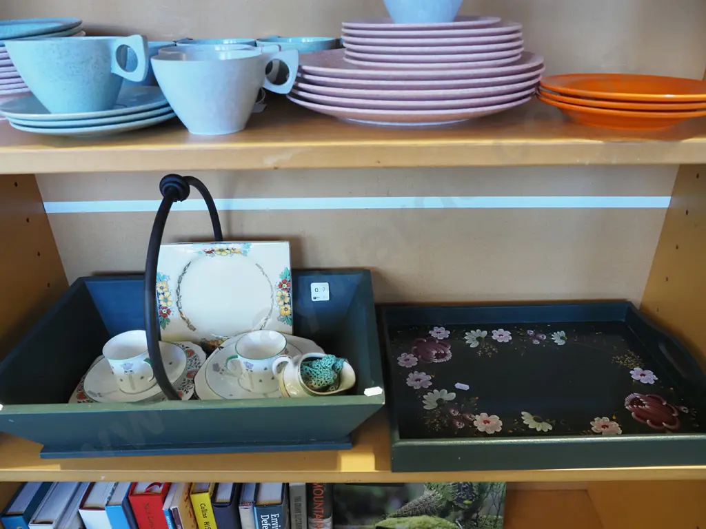 hand painted tray, wooden basket, cups etc Image 1++