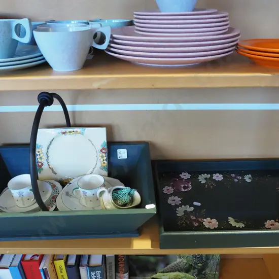 hand painted tray, wooden basket, cups etc