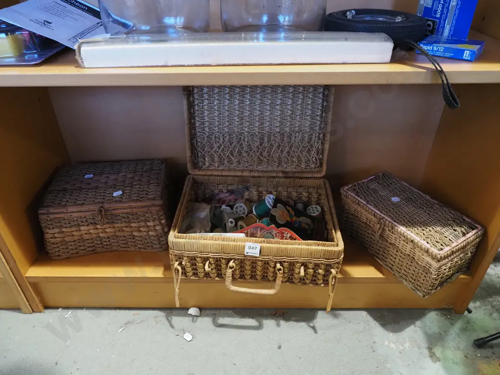 3x cane and seagrass sewing baskets - 1 with contents Image 1++