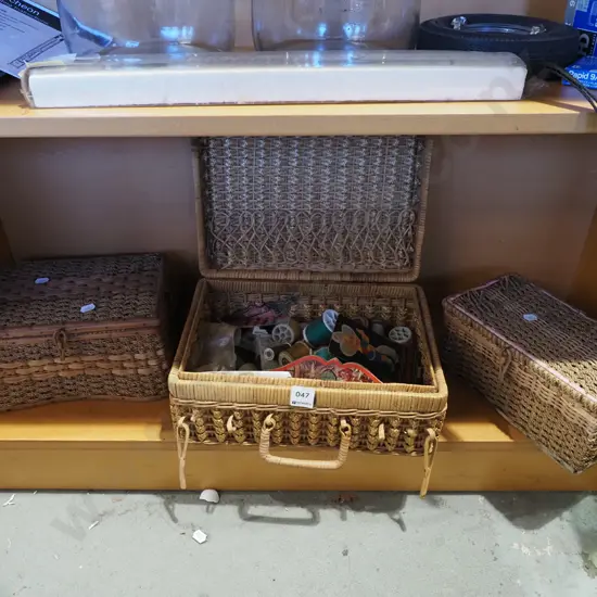 3x cane and seagrass sewing baskets - 1 with contents