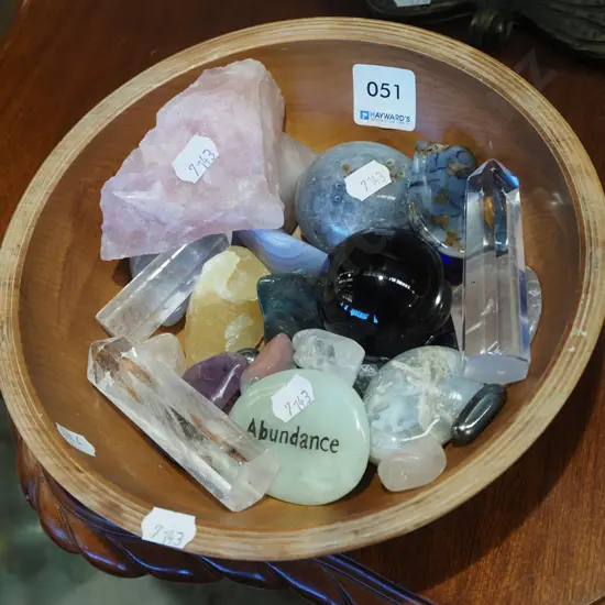 wooden bowl, various gemstones