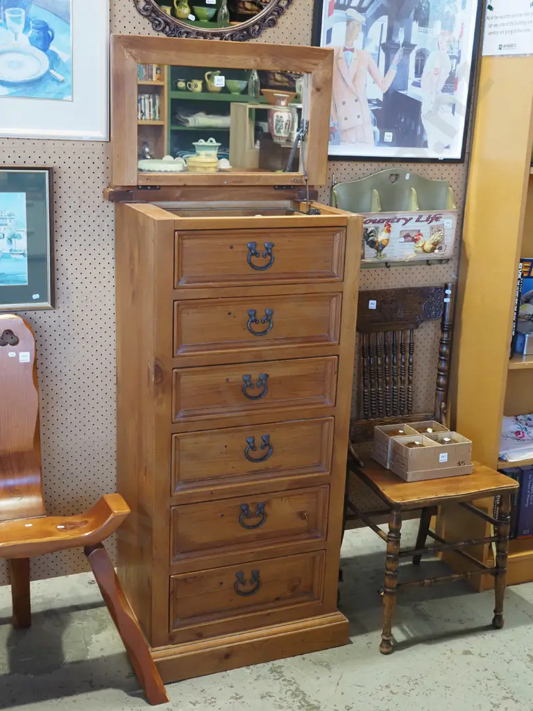 solid pine 6 drawer chest with mirror lift up top H1280 W600 D420 Image 1++